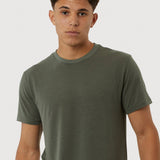 Man wearing a green t-shirt against a white background