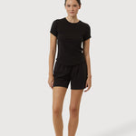 Person wearing a black t-shirt and shorts set on a white background