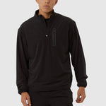 Person wearing a black long-sleeve athletic shirt and shorts on a white background