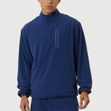 Person wearing a blue tracksuit on a white background