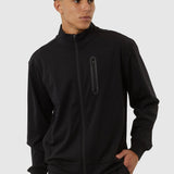 Man wearing a black jacket with zippers on a white background