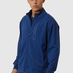 Man wearing a blue tracksuit on a white background